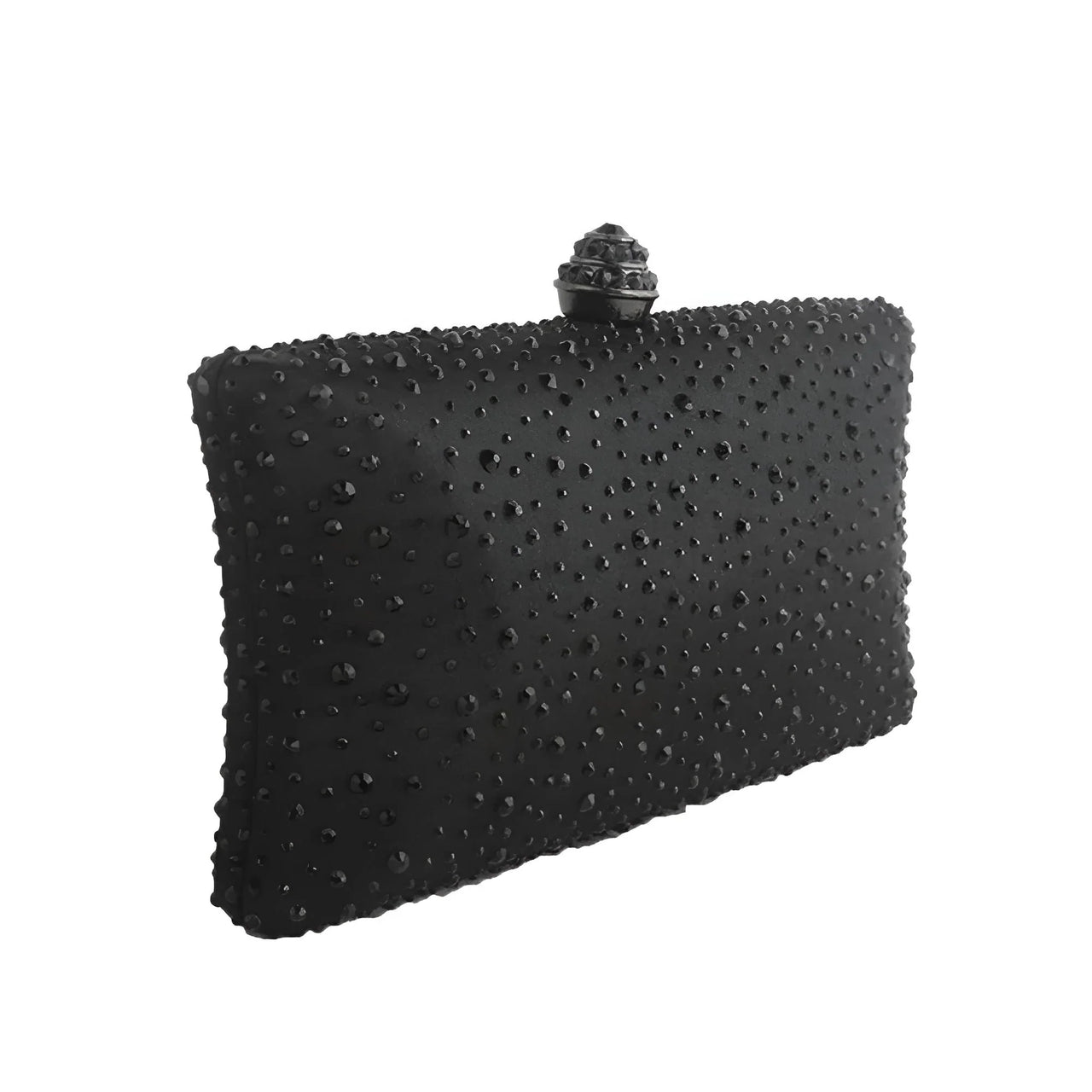 Black clutch bag with textured surface and decorative clasp on a white background