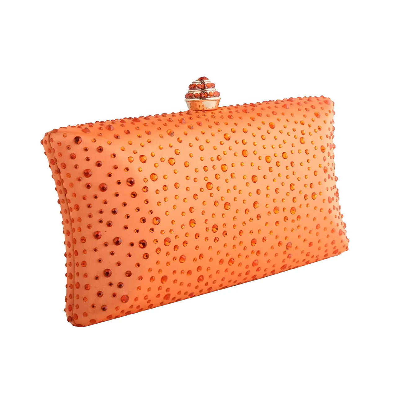Orange clutch bag with textured surface and decorative clasp on a white background