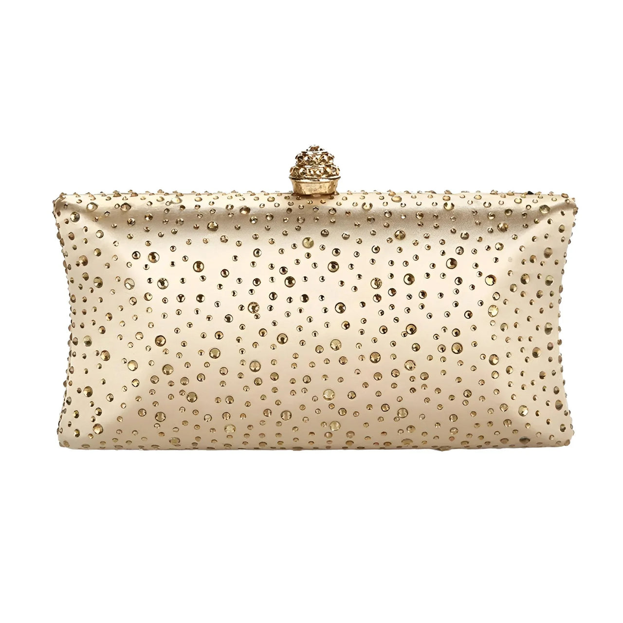 Gold clutch bag with decorative embellishments on a white background