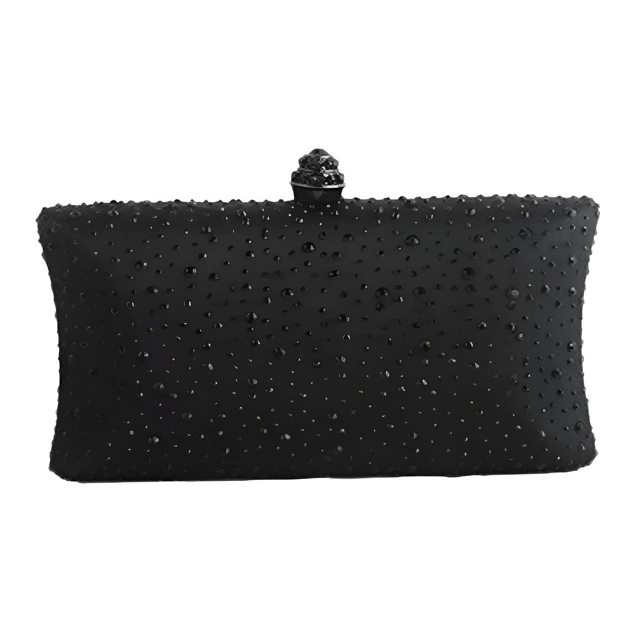 Black clutch bag with rhinestone embellishments on a white background