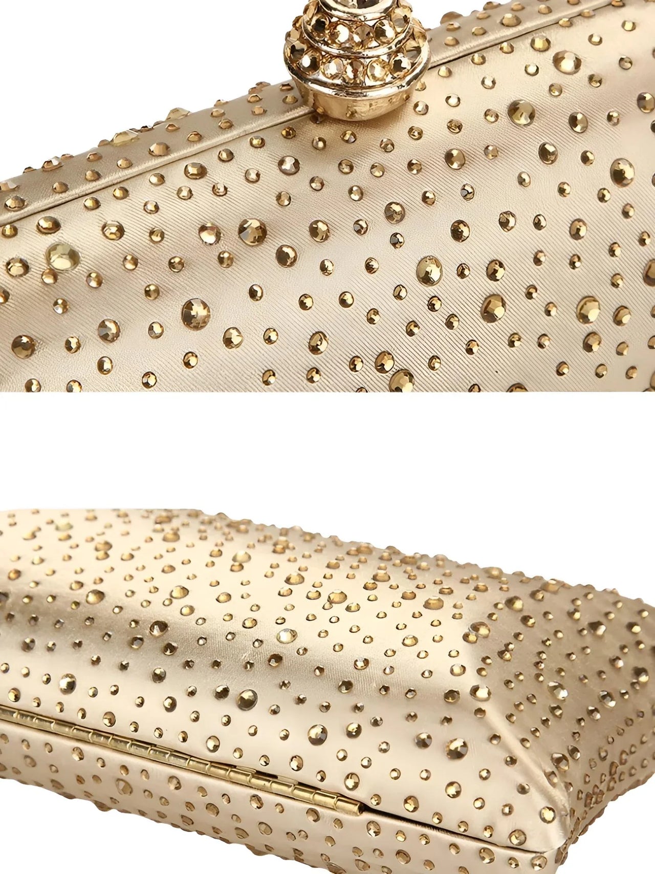 Gold clutch bag with decorative studs on a white background