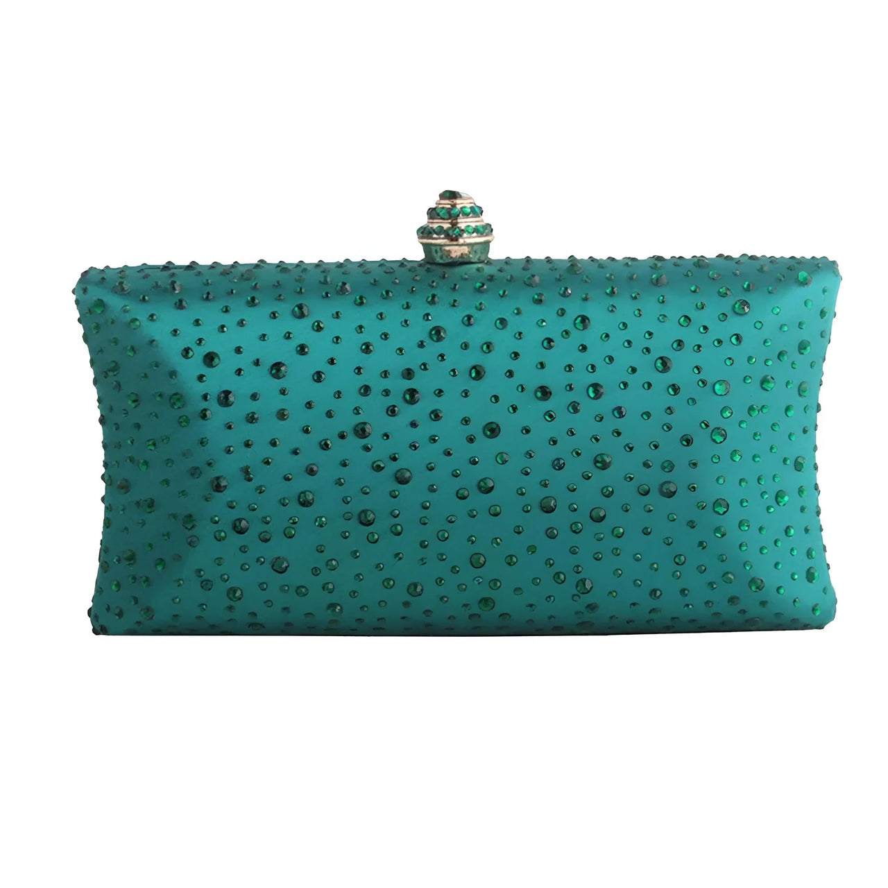 Teal Green clutch bag with decorative elements on a white background