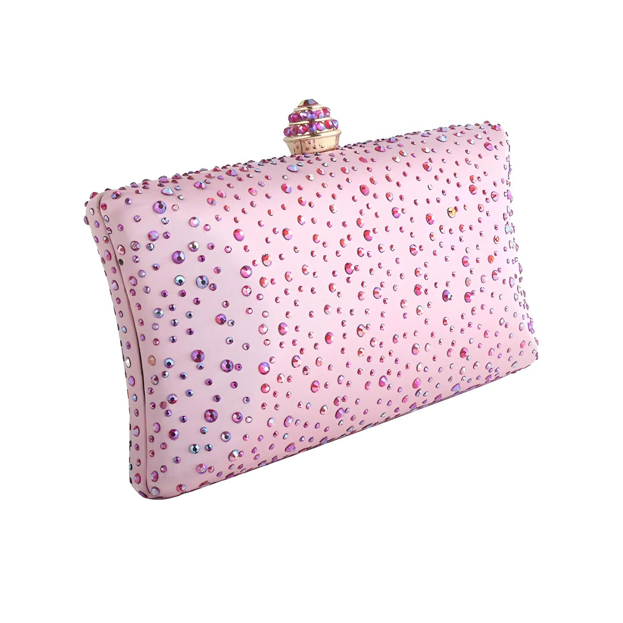 Pink clutch bag with decorative embellishments on a white background