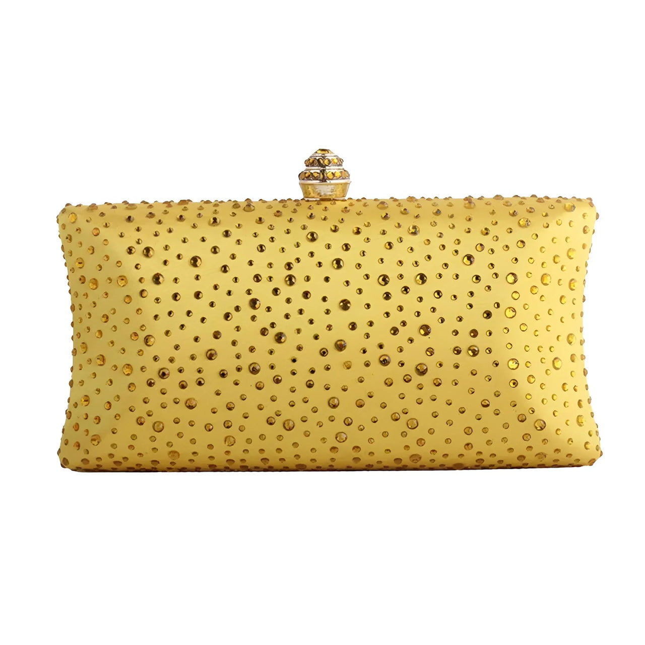 Yellow clutch bag with studded details on a white background