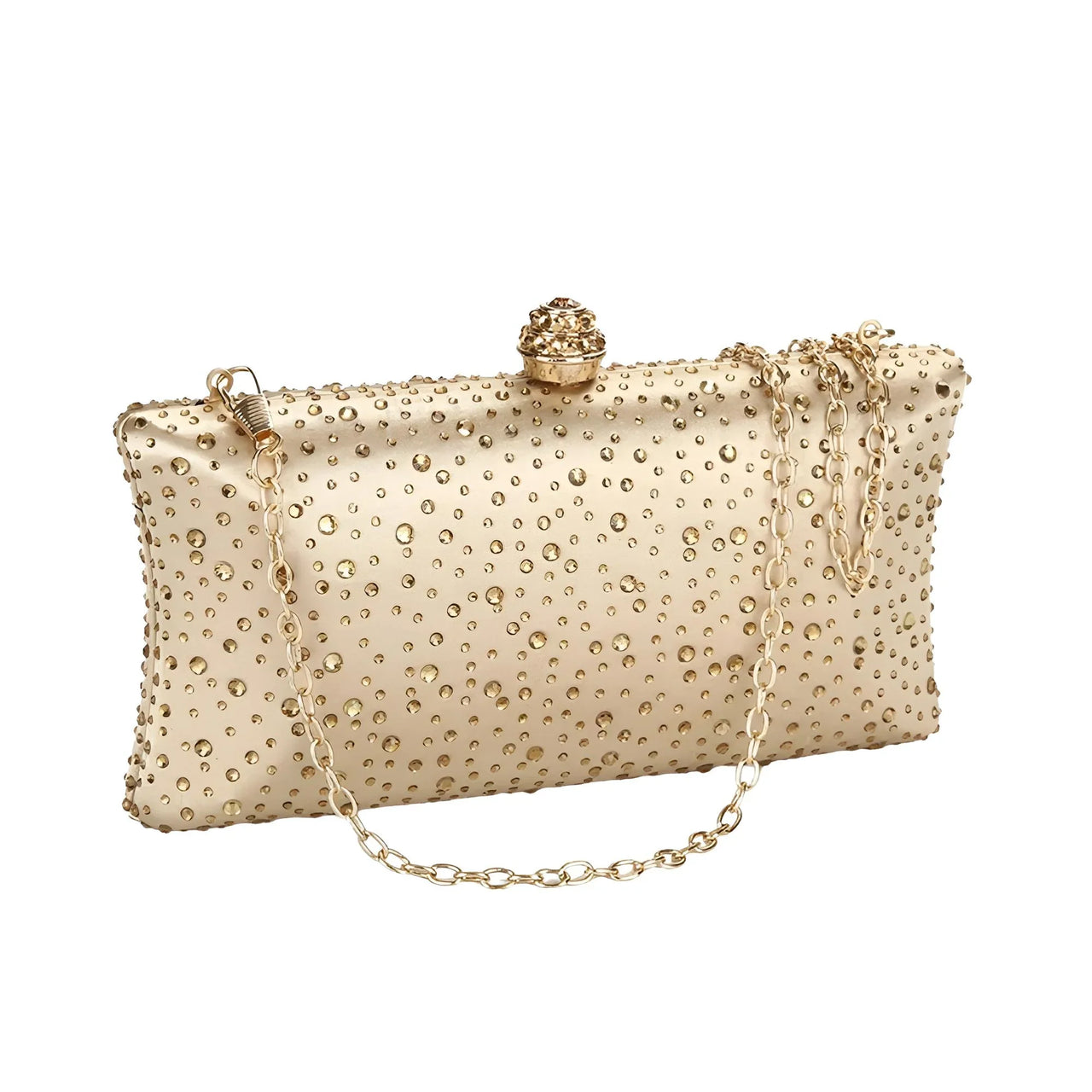 Gold clutch bag with chain strap on a white background