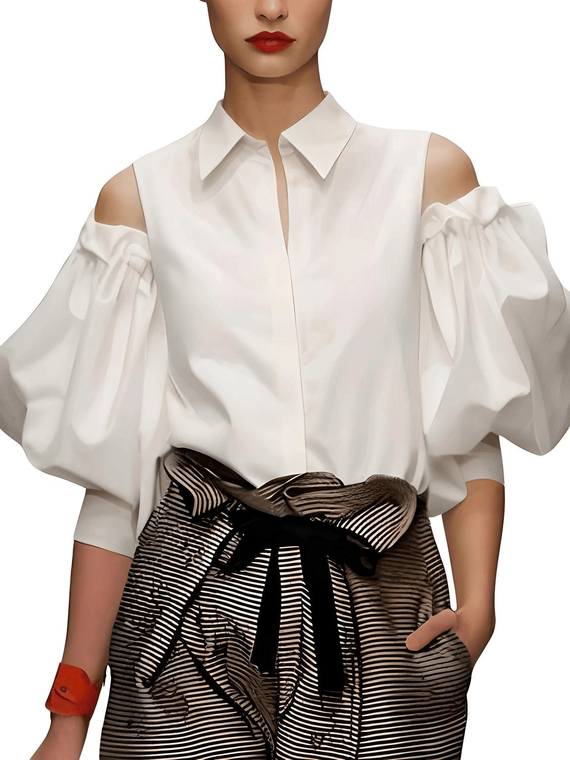 White blouse with puff sleeves and a striped skirt on a white background