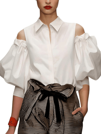 Thumbnail for White blouse with puff sleeves and a striped skirt on a white background