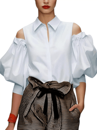 Thumbnail for Women's Cold-Shoulder Tuxedo Blouse Summer Office Tops for Women, Blouses, Dress Shirts, Casual Shirts, 3/4 Sleeves, Black, White, Green, Purple, Light Blue, S, M, L, XL, XXL, United States, USA, Canada, Australia, New Zealand, United Kingdom, UK, cold shoulder blouse, women's cold shoulder tops, tuxedo blouse women's, blue cold shoulder blouse, formal cold shoulder blouse, shopdrestiny.com