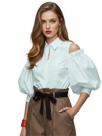 Thumbnail for Women's Cold-Shoulder Tuxedo Blouse Summer Office Tops for Women