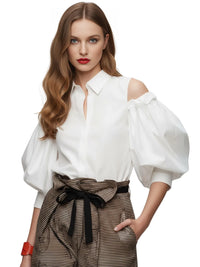 Thumbnail for Women's Cold-Shoulder Tuxedo Blouse Summer Office Tops for Women