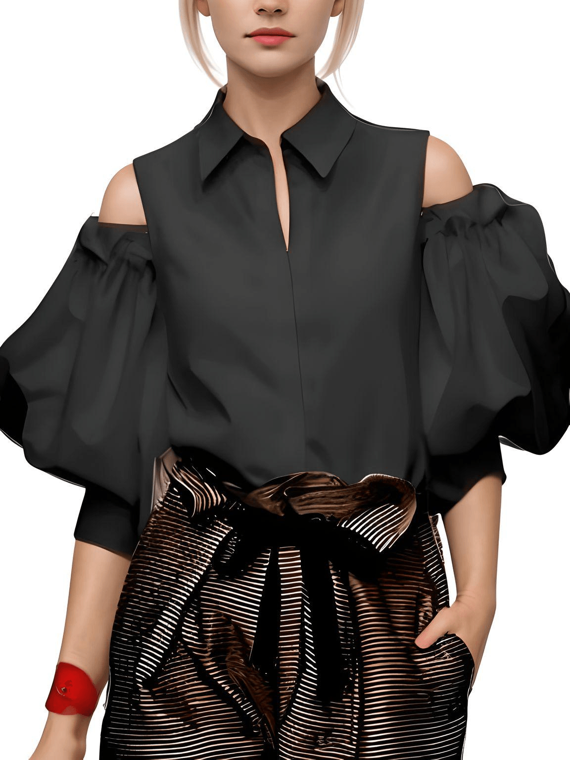 Black off-shoulder blouse with puffed sleeves worn by a model on a white background