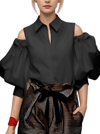 Thumbnail for Black off-shoulder blouse with puffed sleeves worn by a model on a white background
