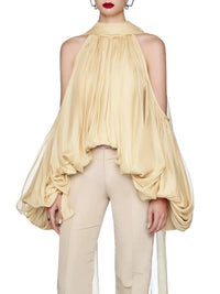 Thumbnail for Women's Cold Shoulder Puff Blouse O Neck Minimalist Shirts Female Fashion Stylish Clothes, Drestiny, Blouses, Long Sleeves, Off Shoulder, Dress Shirts, United States, USA, Canada, Australia, New Zealand, United Kingdom, UK, Apricot, Yellow, Cold shoulder tops for women, puff sleeve blouse women's, off shoulder puff sleeve top, ladies cold shoulder tops, fashion cold shoulder blouses, S, M, L, XL, 4, 6, 8, 10, 12, shopdrestiny.com