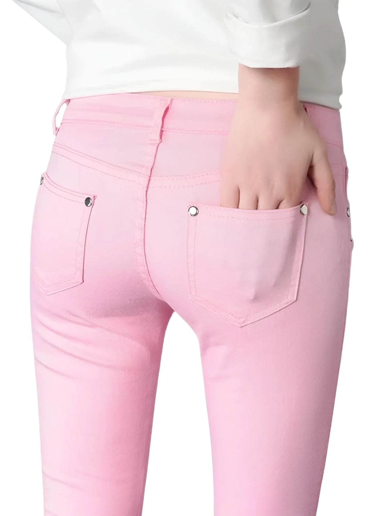 Pink jeans with a white background