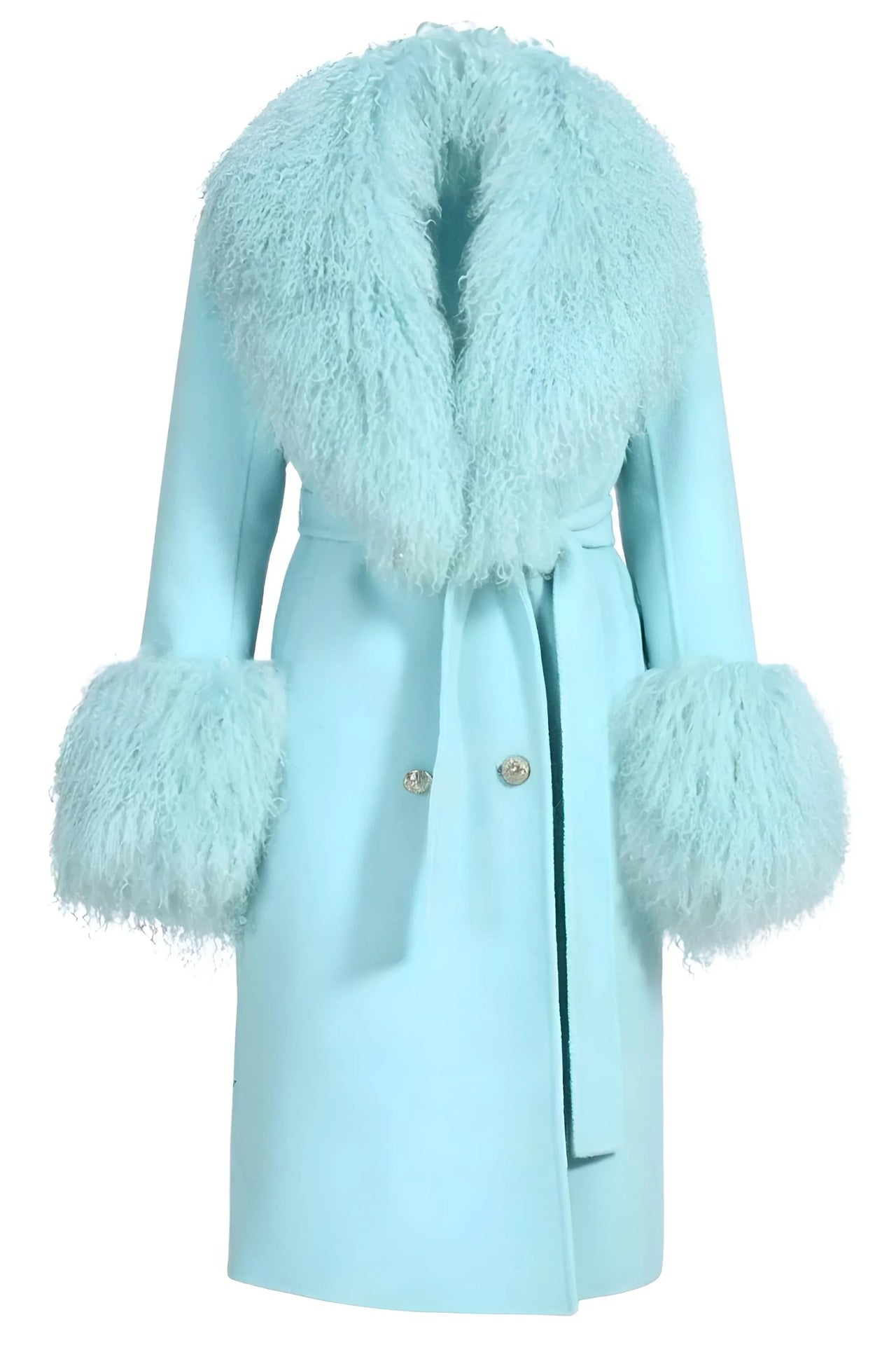 Cool mint wool and cashmere coat with fur accents on a white background