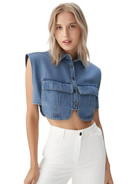 Thumbnail for Woman wearing a sleeveless denim crop top with button details on a white background