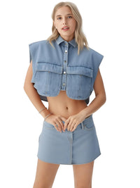 Thumbnail for Woman wearing a denim crop top and skirt on a white background