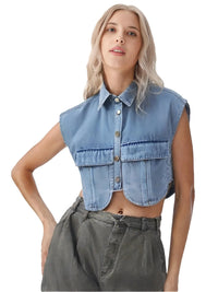 Thumbnail for Woman wearing a sleeveless denim crop top on a white background