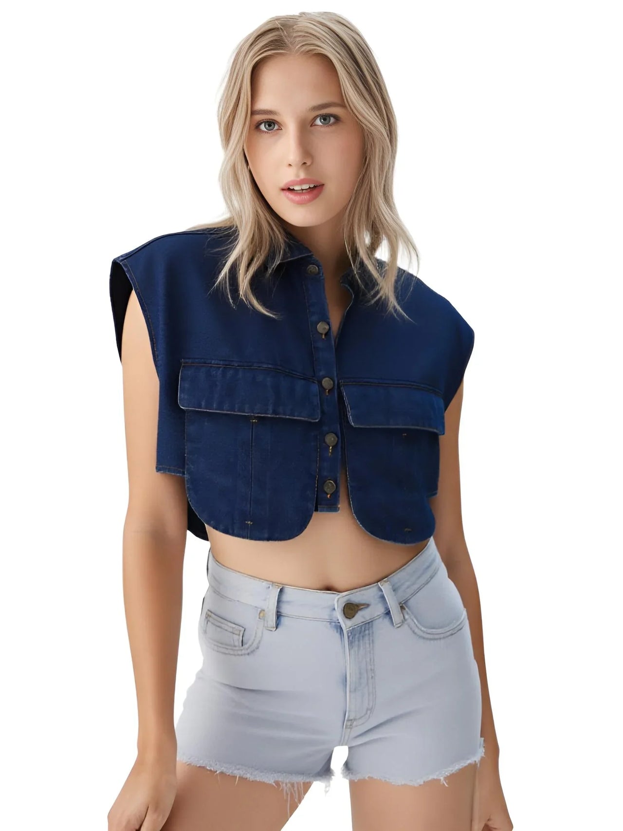 Woman wearing a dark blue sleeveless denim crop top and light blue shorts on a white background