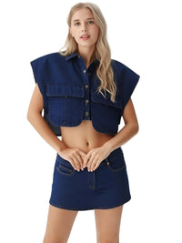 Thumbnail for Woman wearing a dark blue denim crop top and mini skirt on a white background