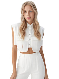 Thumbnail for Woman wearing a white denim sleeveless crop top and pants on a white background