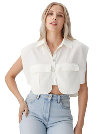 Thumbnail for Women's Double Pocket Sleeveless Denim Crop Top Vintage Chic Tops, Drestiny, Crop Tops, Casual Shirts, Tank Tops, Sleeveless, S, M, L, Light Blue, White, Dark Blue, United States, USA, Canada, Australia, New Zealand, United Kingdom, UK, denim crop top, sleeveless denim vest, utility vest crop top, y2k denim top, shopdrestiny.com