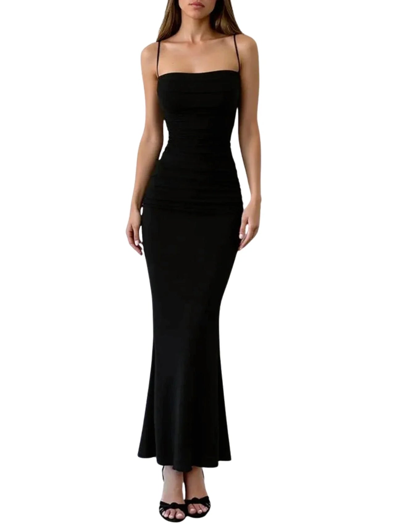 Black spaghetti strap dress on a white background