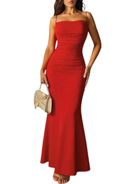Thumbnail for Red evening gown worn by a model on a white background
