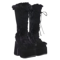 Thumbnail for Black platform boots with fur trim on a white background