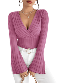 Thumbnail for Women's Flare Sleeve Top V-Neck Sexy Slim Striped Women's Tops Long-Sleeved Shirt Knitted Shirt, Drestiny, Casual Shirts, Long Sleeves, XS, S, M, L, 2, 4, 6, 8, 10, United States, Canada, Australia, New Zealand, United Kingdom, UK, Gender_Women, Dark Blue, French Grey, Pink, Champagne, Wine Red, Black, Dark Olive Green, Green, bell sleeve top, long sleeve flare top, flare sleeve top, shopdrestiny.com