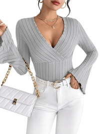 Thumbnail for Women's Flare Sleeve Top V-Neck Sexy Slim Striped Women's Tops Long-Sleeved Shirt Knitted Shirt, Drestiny, Casual Shirts, Long Sleeves, XS, S, M, L, 2, 4, 6, 8, 10, United States, Canada, Australia, New Zealand, United Kingdom, UK, Gender_Women, Dark Blue, French Grey, Pink, Champagne, Wine Red, Black, Dark Olive Green, Green, bell sleeve top, long sleeve flare top, flare sleeve top, shopdrestiny.com