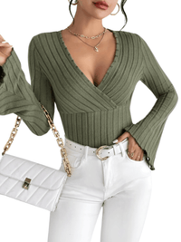 Thumbnail for Women's Flare Sleeve Top V-Neck Sexy Slim Striped Women's Tops Long-Sleeved Shirt Knitted Shirt, Drestiny, Casual Shirts, Long Sleeves, XS, S, M, L, 2, 4, 6, 8, 10, United States, Canada, Australia, New Zealand, United Kingdom, UK, Gender_Women, Dark Blue, French Grey, Pink, Champagne, Wine Red, Black, Dark Olive Green, Green, bell sleeve top, long sleeve flare top, flare sleeve top, shopdrestiny.com