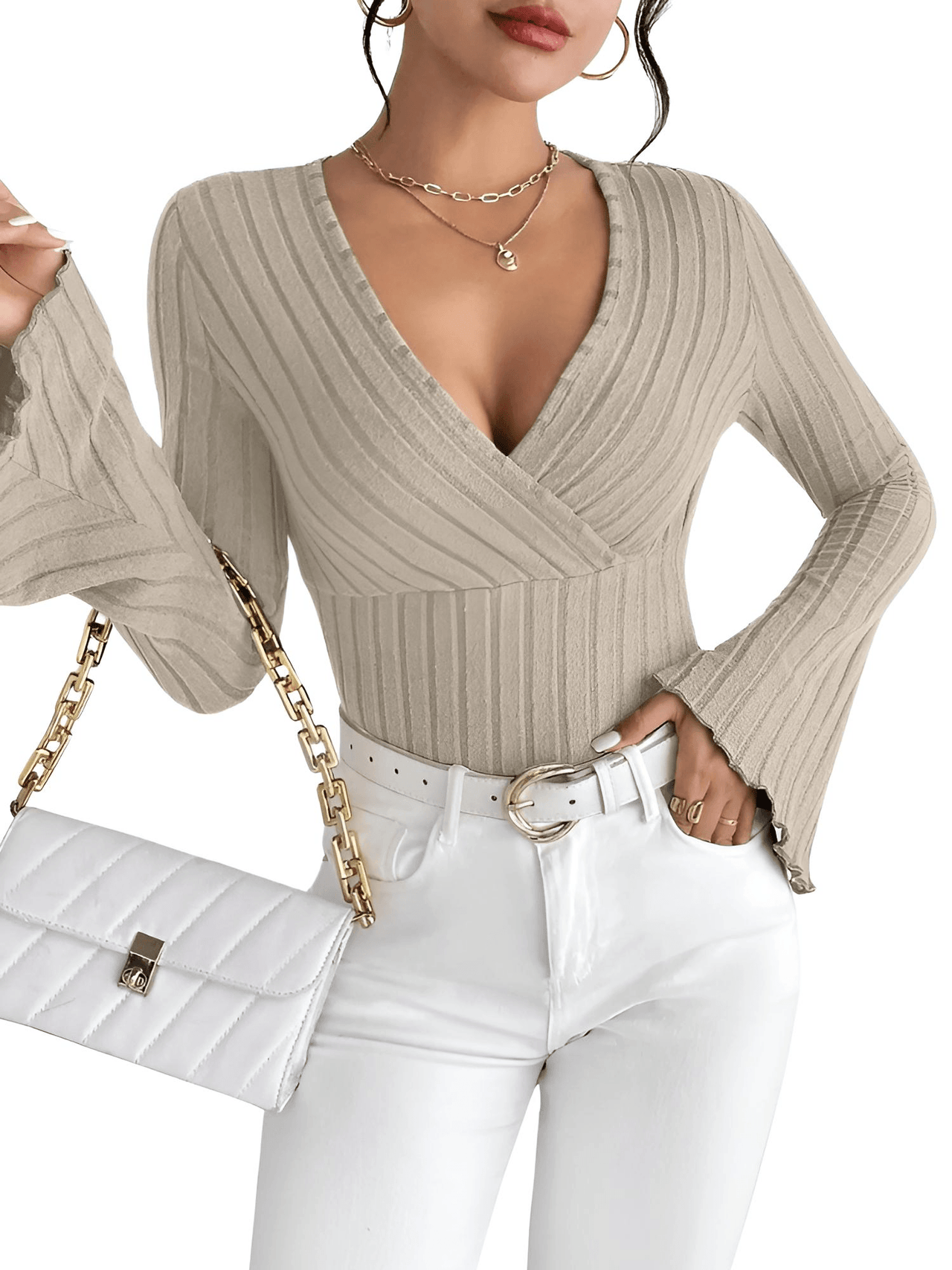 Women's Flare Sleeve Top V-Neck Sexy Slim Striped Women's Tops Long-Sleeved Shirt Knitted Shirt, Drestiny, Casual Shirts, Long Sleeves, XS, S, M, L, 2, 4, 6, 8, 10, United States, Canada, Australia, New Zealand, United Kingdom, UK, Gender_Women, Dark Blue, French Grey, Pink, Champagne, Wine Red, Black, Dark Olive Green, Green, bell sleeve top, long sleeve flare top, flare sleeve top, shopdrestiny.com