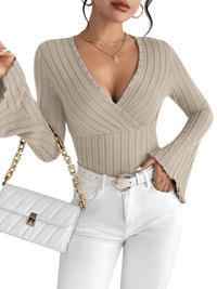Thumbnail for Women's Flare Sleeve Top V-Neck Sexy Slim Striped Women's Tops Long-Sleeved Shirt Knitted Shirt, Drestiny, Casual Shirts, Long Sleeves, XS, S, M, L, 2, 4, 6, 8, 10, United States, Canada, Australia, New Zealand, United Kingdom, UK, Gender_Women, Dark Blue, French Grey, Pink, Champagne, Wine Red, Black, Dark Olive Green, Green, bell sleeve top, long sleeve flare top, flare sleeve top, shopdrestiny.com