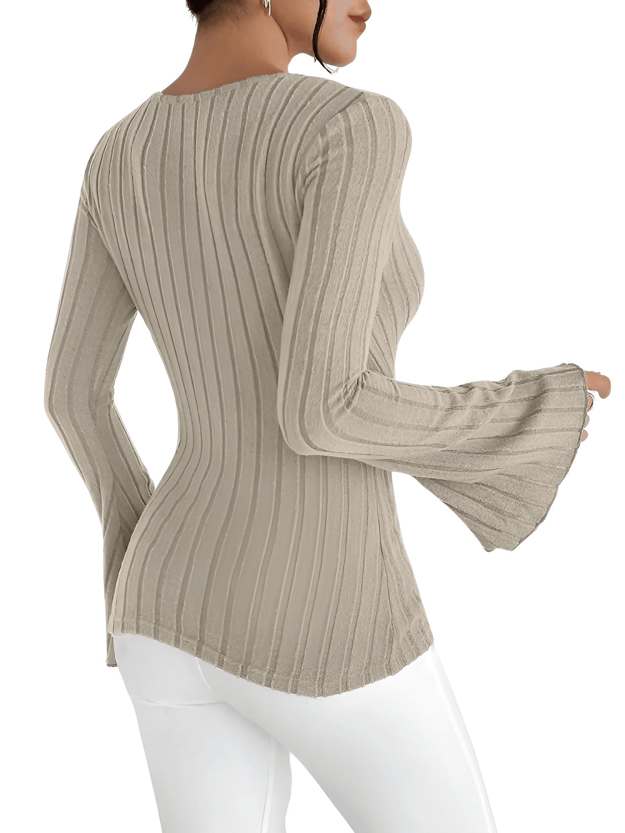 Women's Flare Sleeve Top V-Neck Sexy Slim Striped Women's Tops Long-Sleeved Shirt Knitted Shirt, Drestiny, Casual Shirts, Long Sleeves, XS, S, M, L, 2, 4, 6, 8, 10, United States, Canada, Australia, New Zealand, United Kingdom, UK, Gender_Women, Dark Blue, French Grey, Pink, Champagne, Wine Red, Black, Dark Olive Green, Green, bell sleeve top, long sleeve flare top, flare sleeve top, shopdrestiny.com