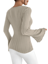 Thumbnail for Women's Flare Sleeve Top V-Neck Sexy Slim Striped Women's Tops Long-Sleeved Shirt Knitted Shirt, Drestiny, Casual Shirts, Long Sleeves, XS, S, M, L, 2, 4, 6, 8, 10, United States, Canada, Australia, New Zealand, United Kingdom, UK, Gender_Women, Dark Blue, French Grey, Pink, Champagne, Wine Red, Black, Dark Olive Green, Green, bell sleeve top, long sleeve flare top, flare sleeve top, shopdrestiny.com