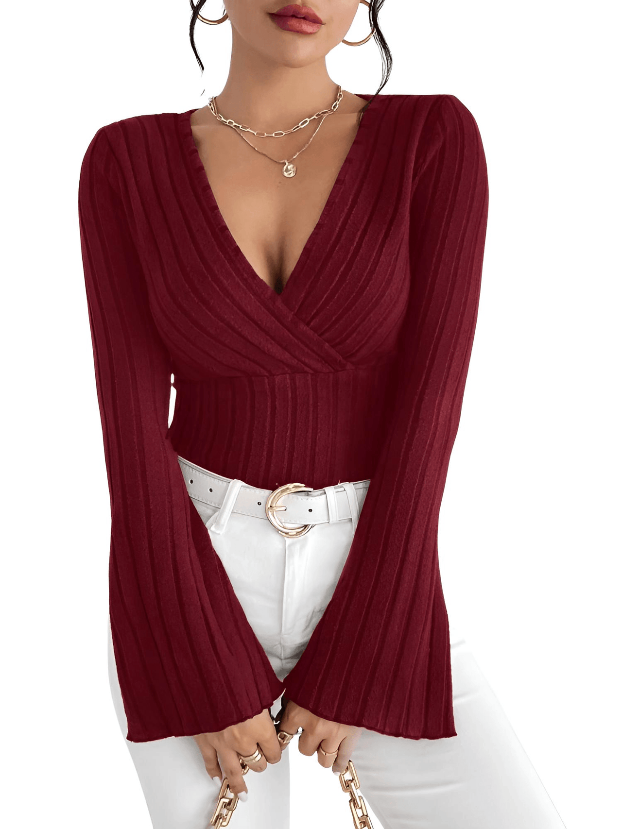 Women's Flare Sleeve Top V-Neck Sexy Slim Striped Women's Tops Long-Sleeved Shirt Knitted Shirt, Drestiny, Casual Shirts, Long Sleeves, XS, S, M, L, 2, 4, 6, 8, 10, United States, Canada, Australia, New Zealand, United Kingdom, UK, Gender_Women, Dark Blue, French Grey, Pink, Champagne, Wine Red, Black, Dark Olive Green, Green, bell sleeve top, long sleeve flare top, flare sleeve top, shopdrestiny.com