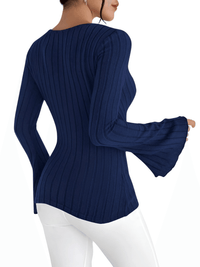 Thumbnail for Women's Flare Sleeve Top V-Neck Sexy Slim Striped Women's Tops Long-Sleeved Shirt Knitted Shirt, Drestiny, Casual Shirts, Long Sleeves, XS, S, M, L, 2, 4, 6, 8, 10, United States, Canada, Australia, New Zealand, United Kingdom, UK, Gender_Women, Dark Blue, French Grey, Pink, Champagne, Wine Red, Black, Dark Olive Green, Green, bell sleeve top, long sleeve flare top, flare sleeve top, shopdrestiny.com