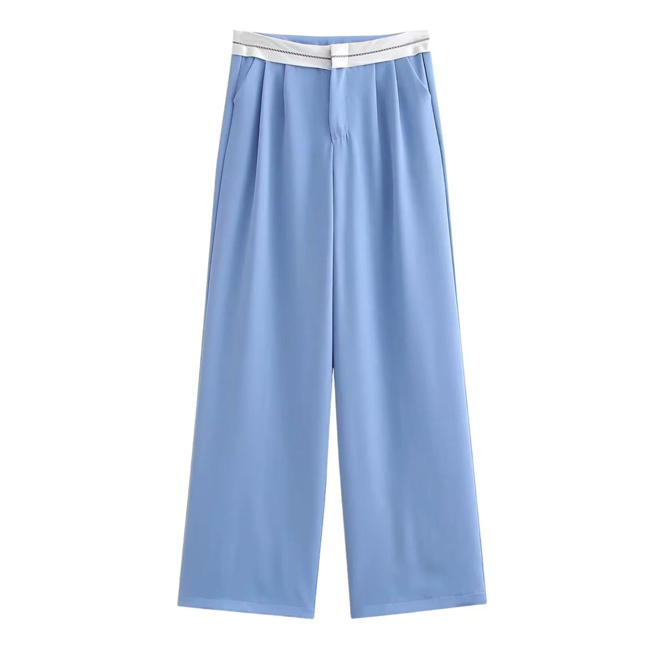 Light blue pants with a white waistband on a white background