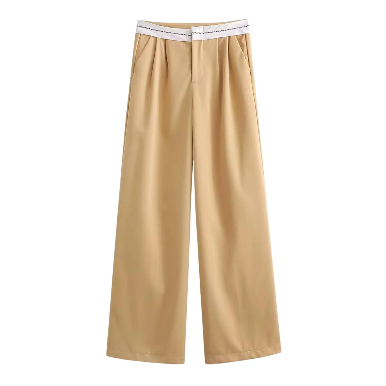 Golden wide-leg pants with a white waistband on a white background