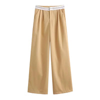 Thumbnail for Golden wide-leg pants with a white waistband on a white background