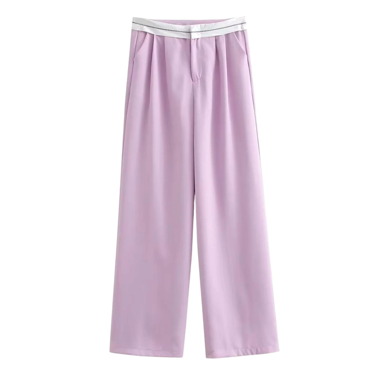 Light purple pants with a white waistband on a white background