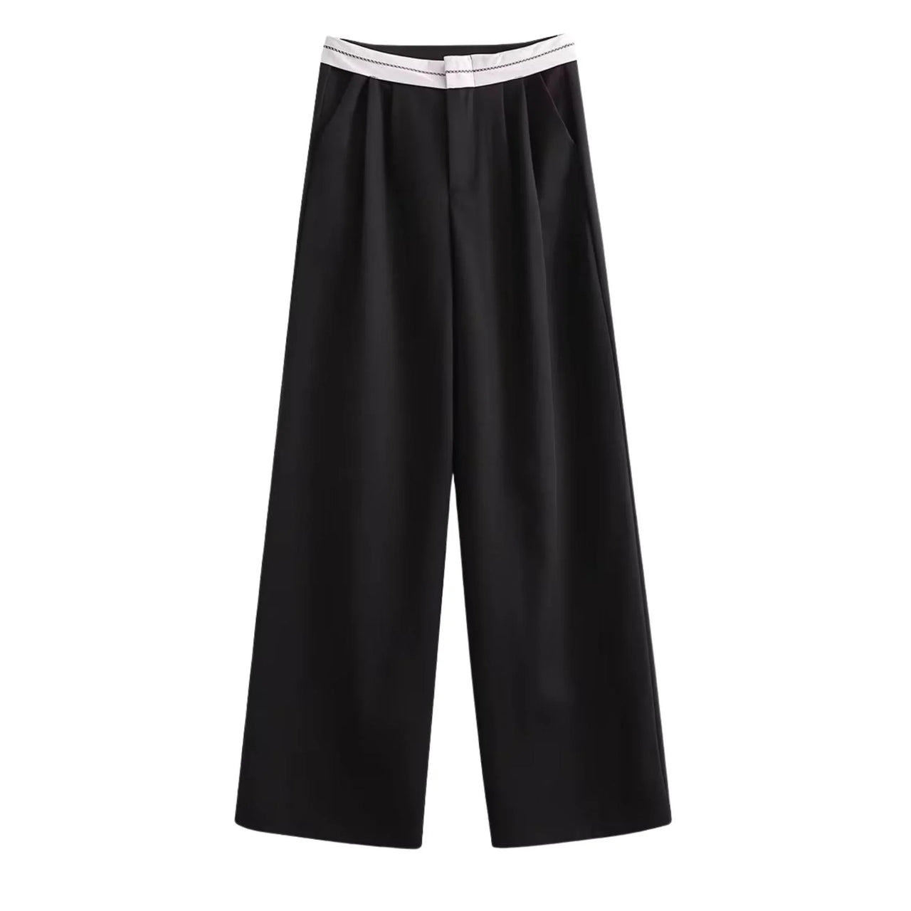 Black wide-leg pants with a white waistband on a white background
