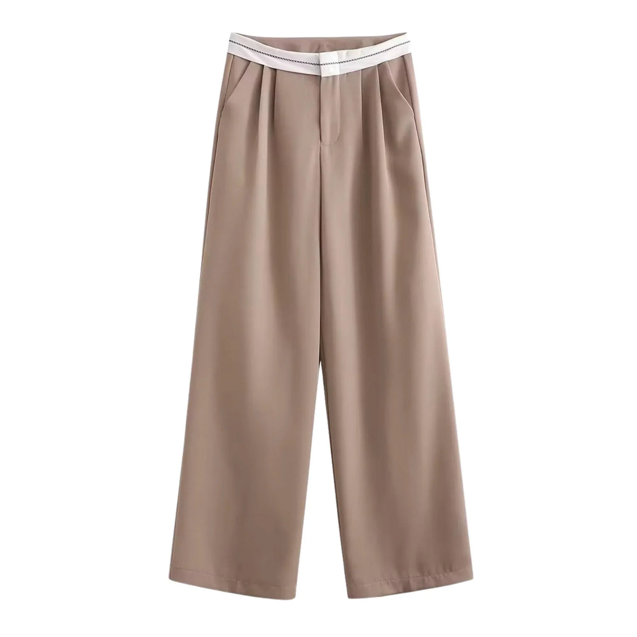 Brown wide-leg pants with white waistband on a white background