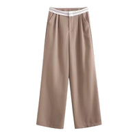 Thumbnail for Brown wide-leg pants with white waistband on a white background