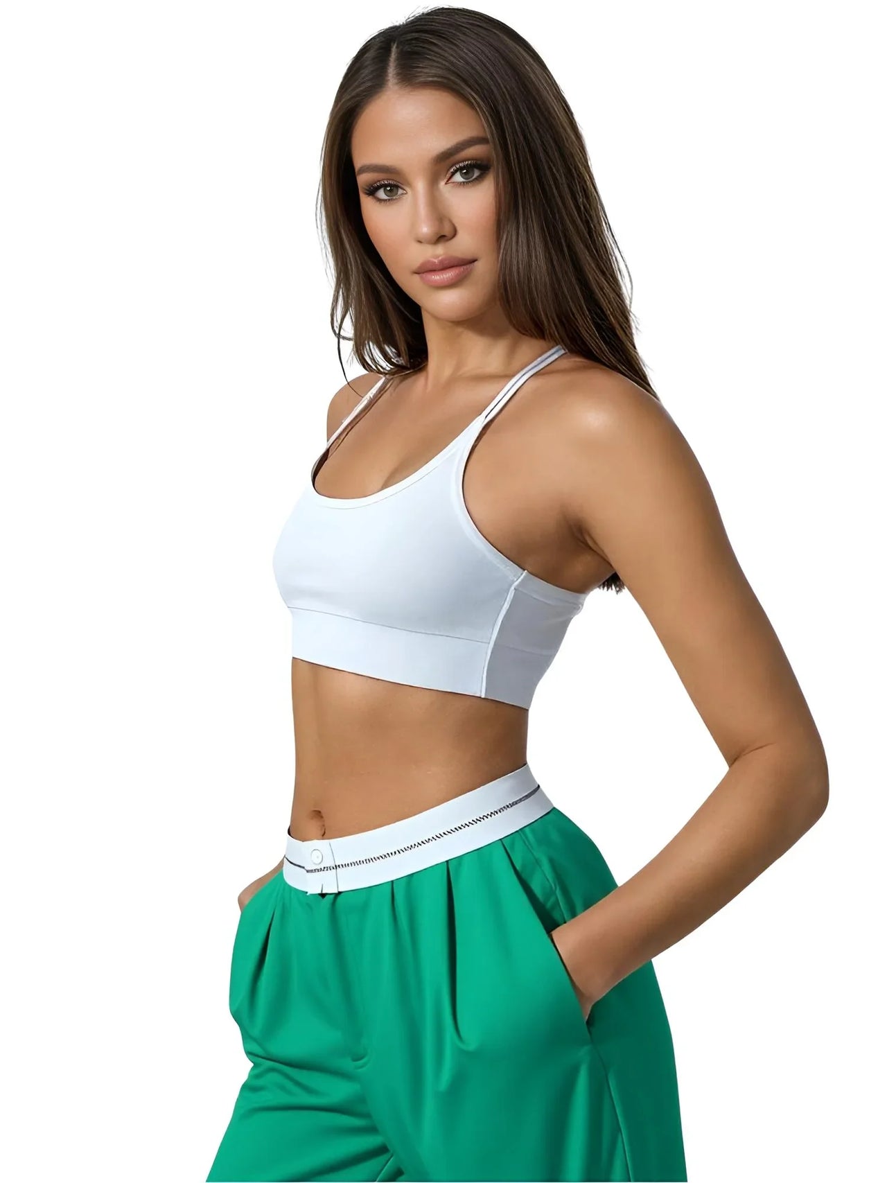 Woman wearing a white sports bra and green pants on a white background