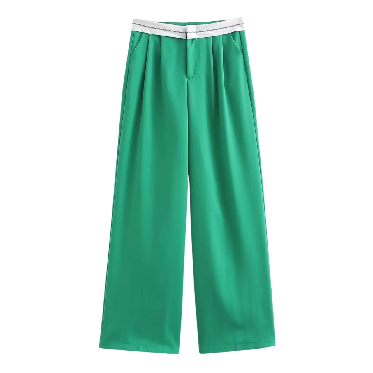 Green pants with a white waistband on a white background