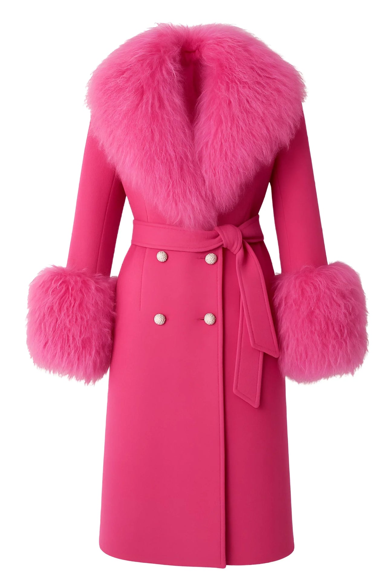 Pink coat with fur accents on a white background
