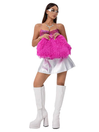 Thumbnail for Woman wearing a pink feathered top, white skirt, and white knee-high boots on a white background