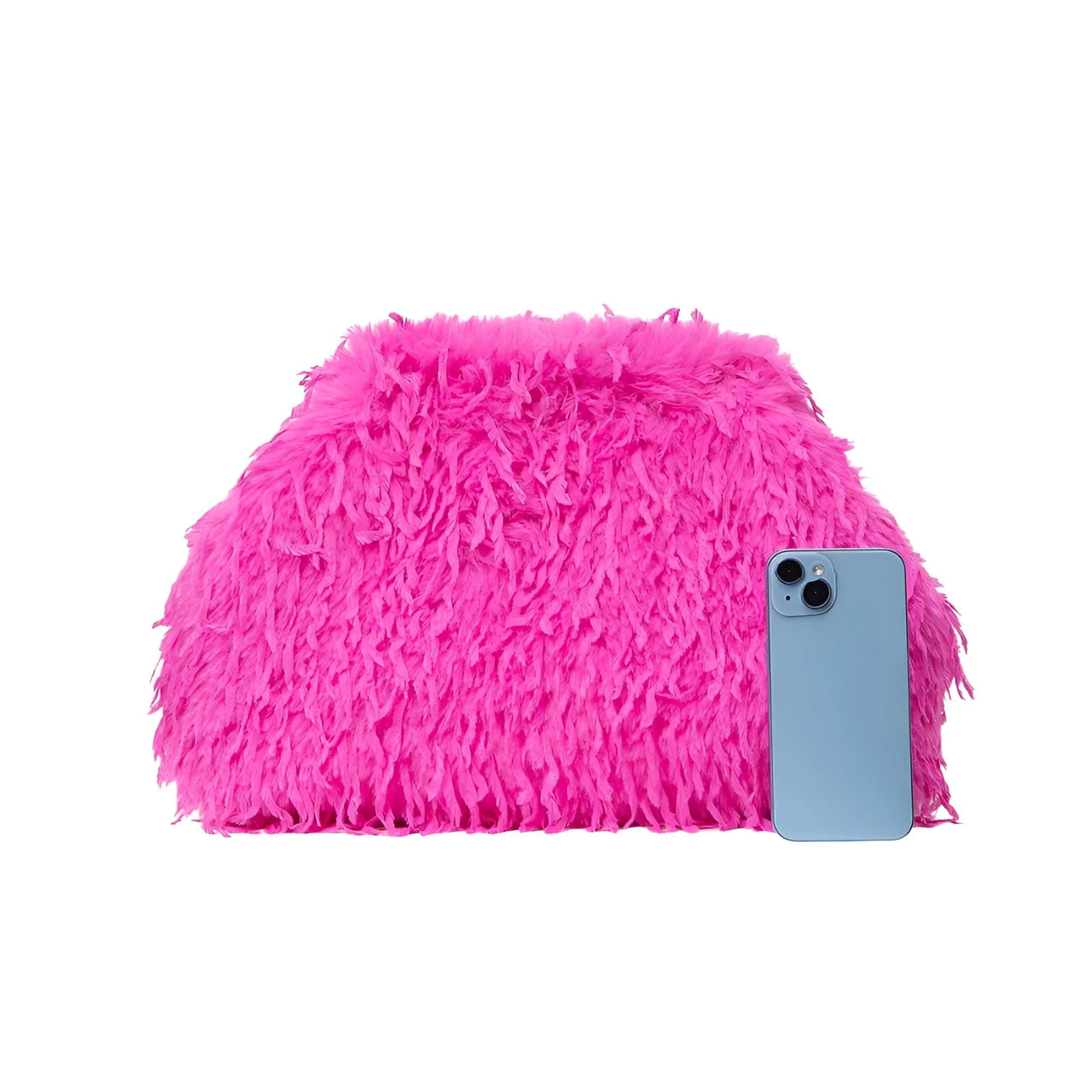 Pink fluffy bean bag with a phone on a white background